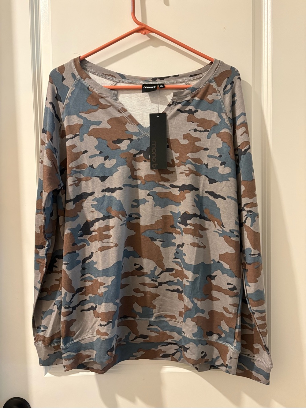 Mono B woman’s V-Neck Camo Long Sleeve Shirt in Blue & Brown